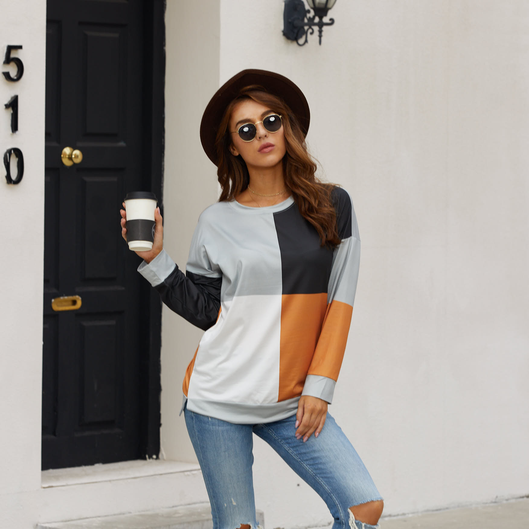 

Round collar Color Block Yellow Color block long sleeve normal Pullover