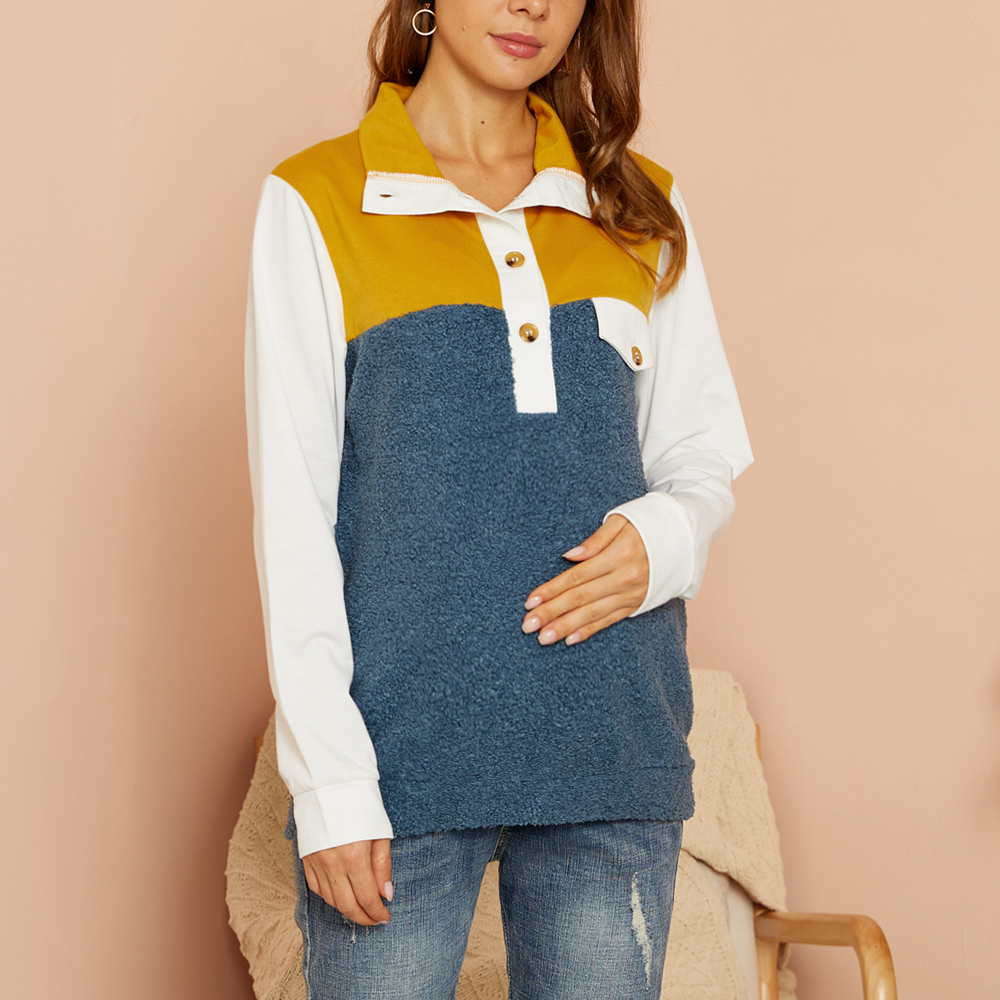 

Maternity Stand collar Color Block Color block Blue Nursing Hoodie