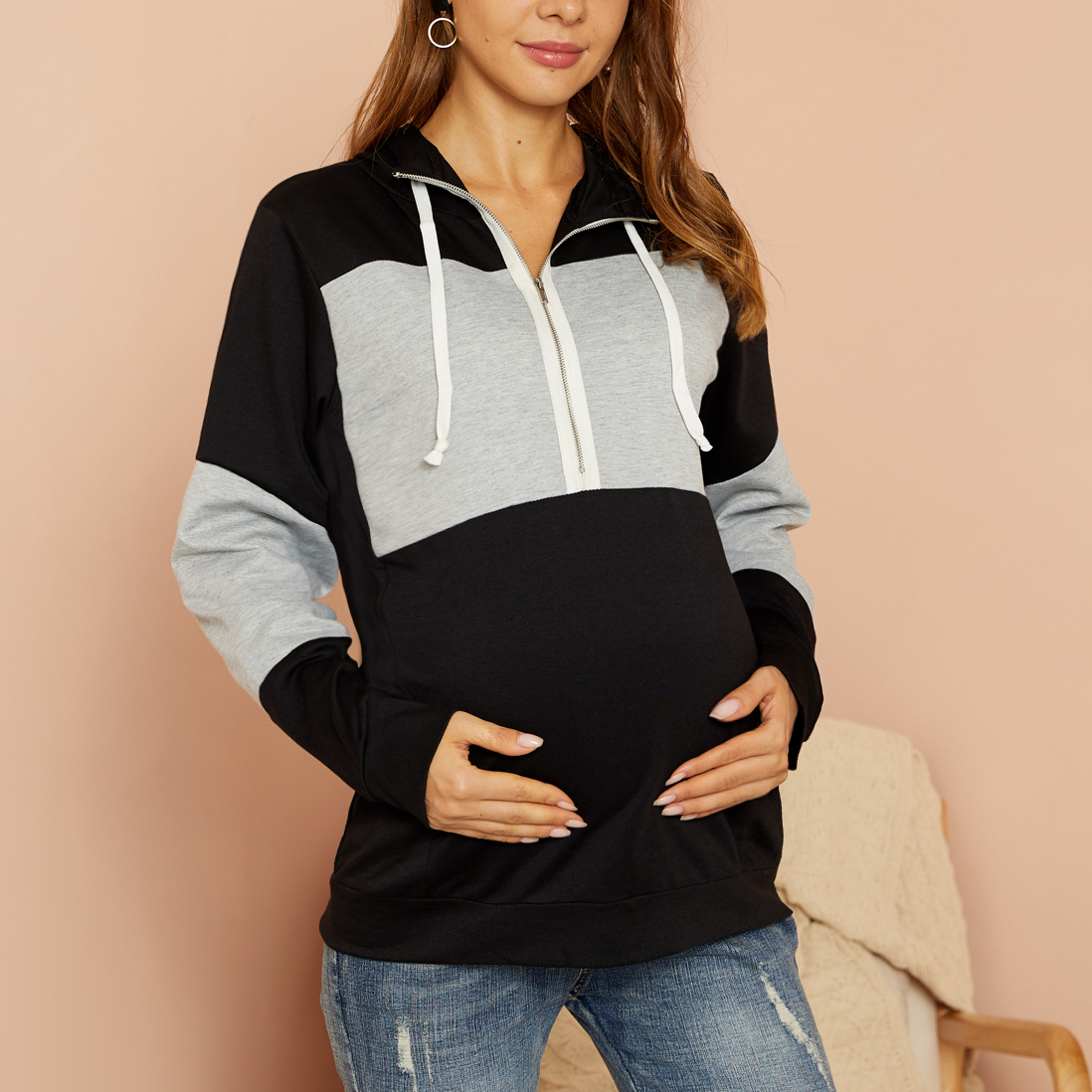 

Maternity Round collar Color Block Color block Black Nursing Hoodie