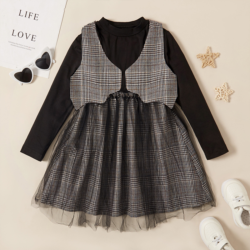 

Kids Girl Plaid Top Vest and Skirt Set