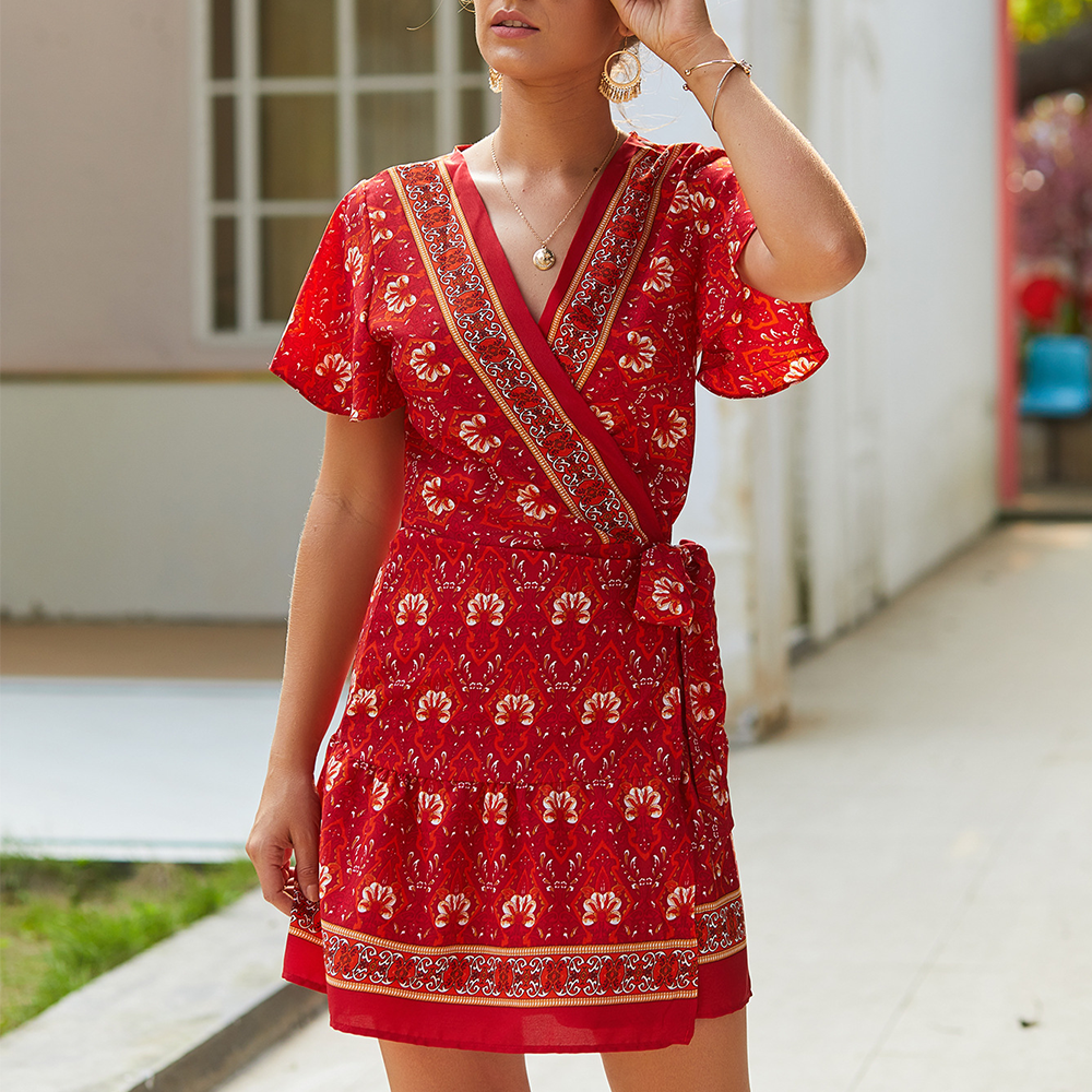 

V-neck Floral high-waist Normal shoulder X short dress