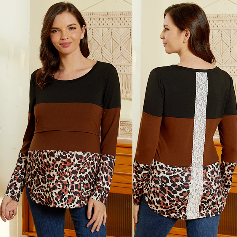

Maternity Round collar Leopard full print Coffee Long-sleeve Nursing Tee