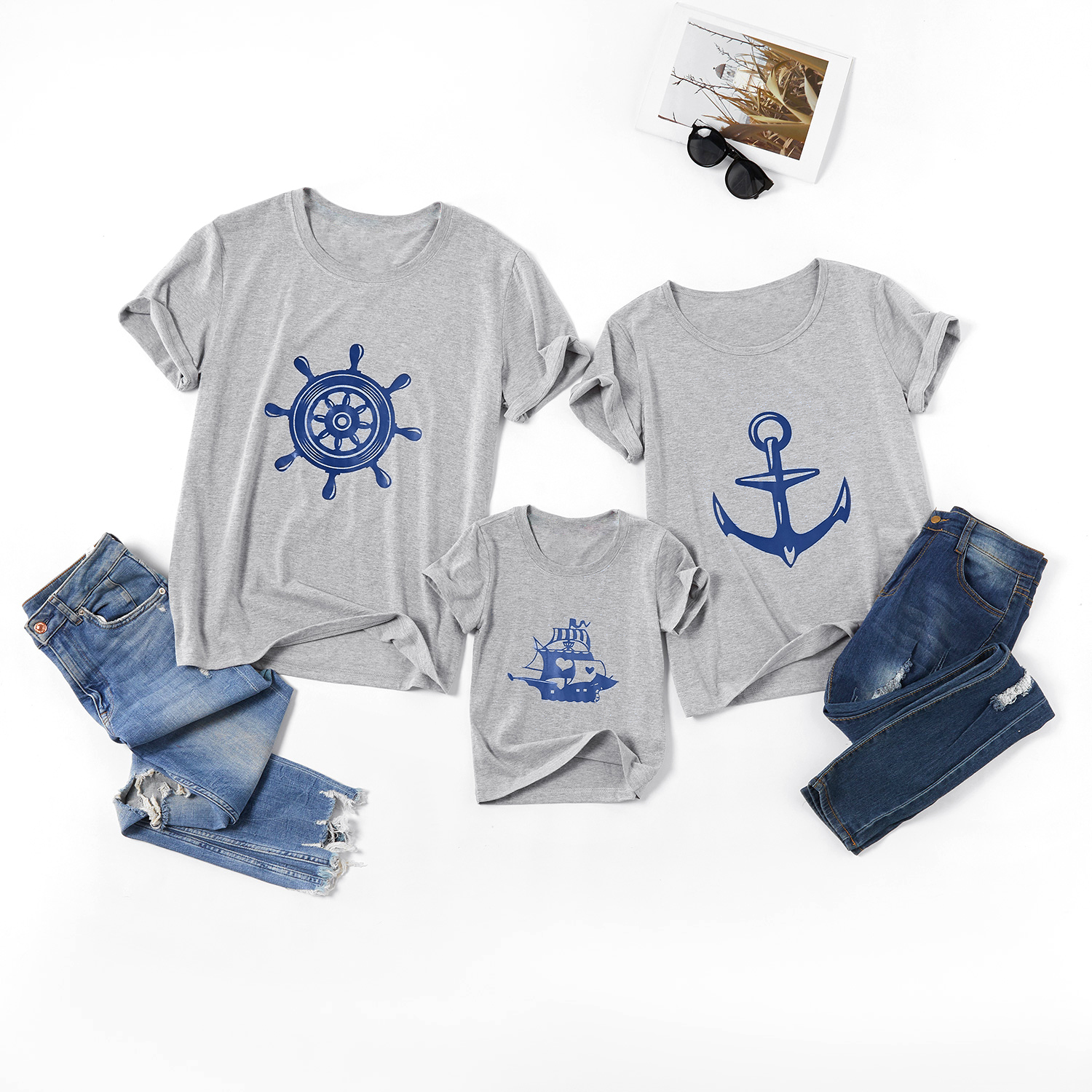 

Boat Series Pattern Short-sleeve Family Matching Grey Tops