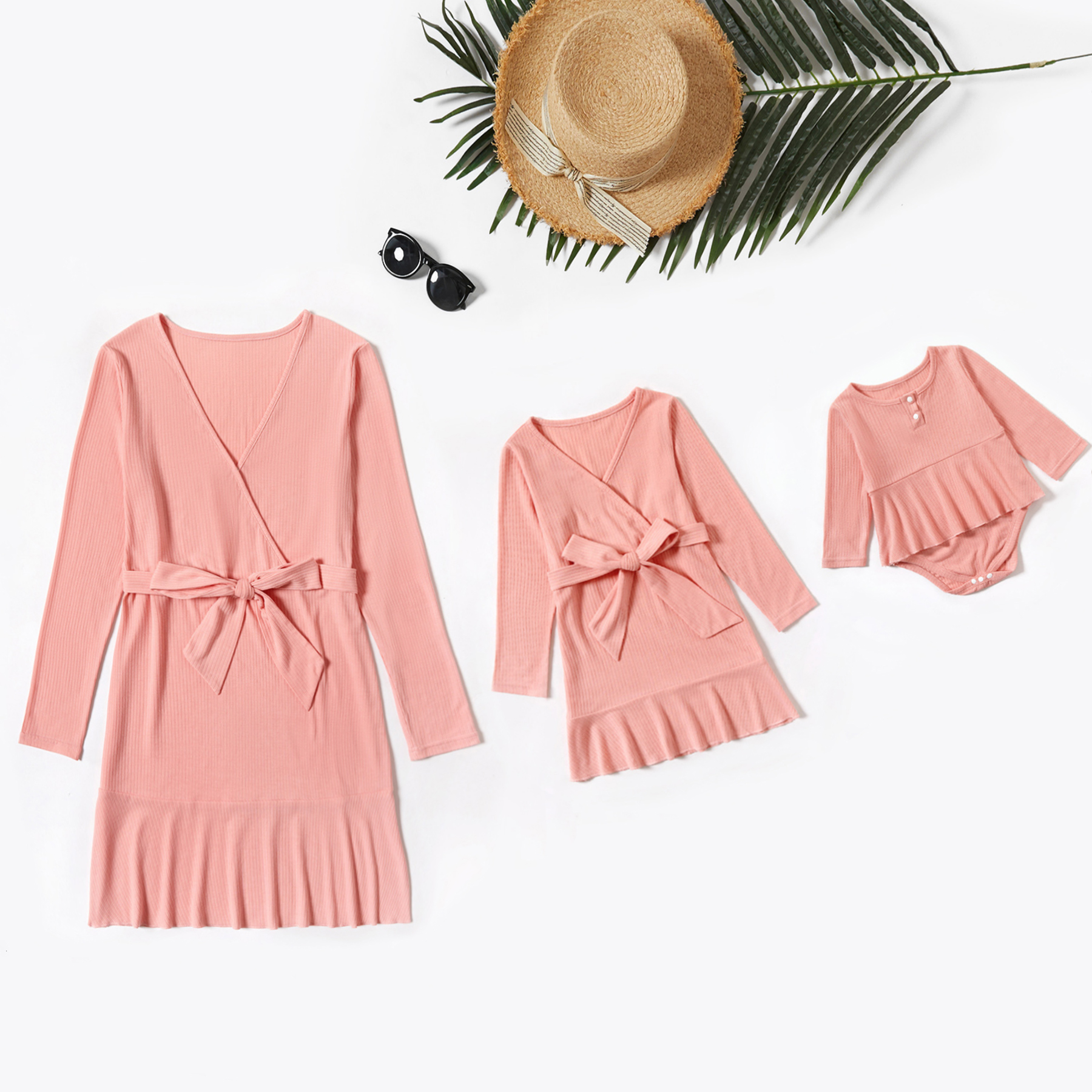 

Mommy and Me Solid Ruffle Hem Long-sleeve Dresses