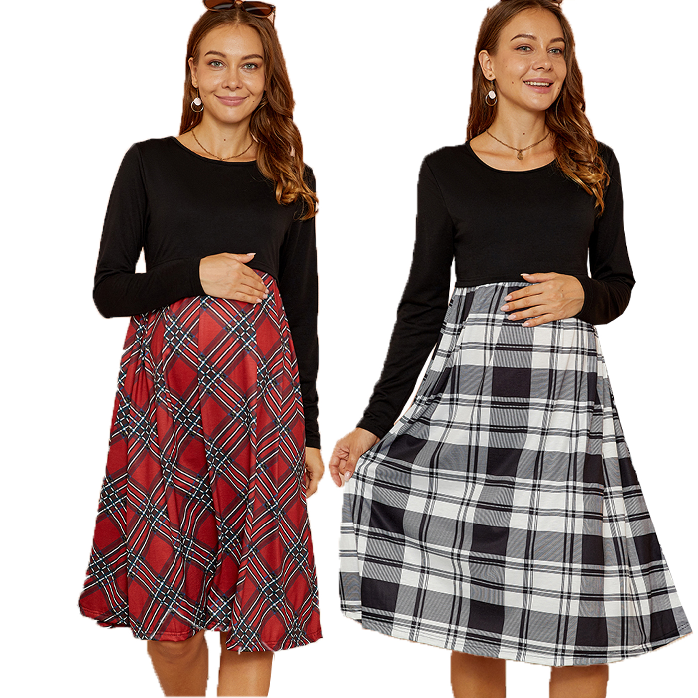 

Maternity Round collar Plaid full print Midi A Long-sleeve Nursing Dress