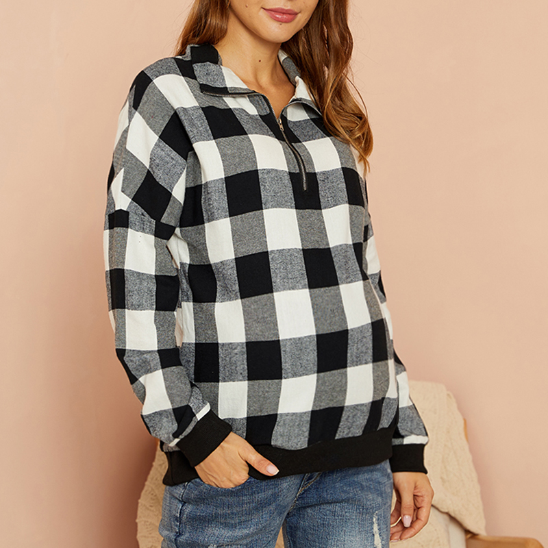 

Maternity Round collar Plaid Color block Long-sleeve Nursing Tee