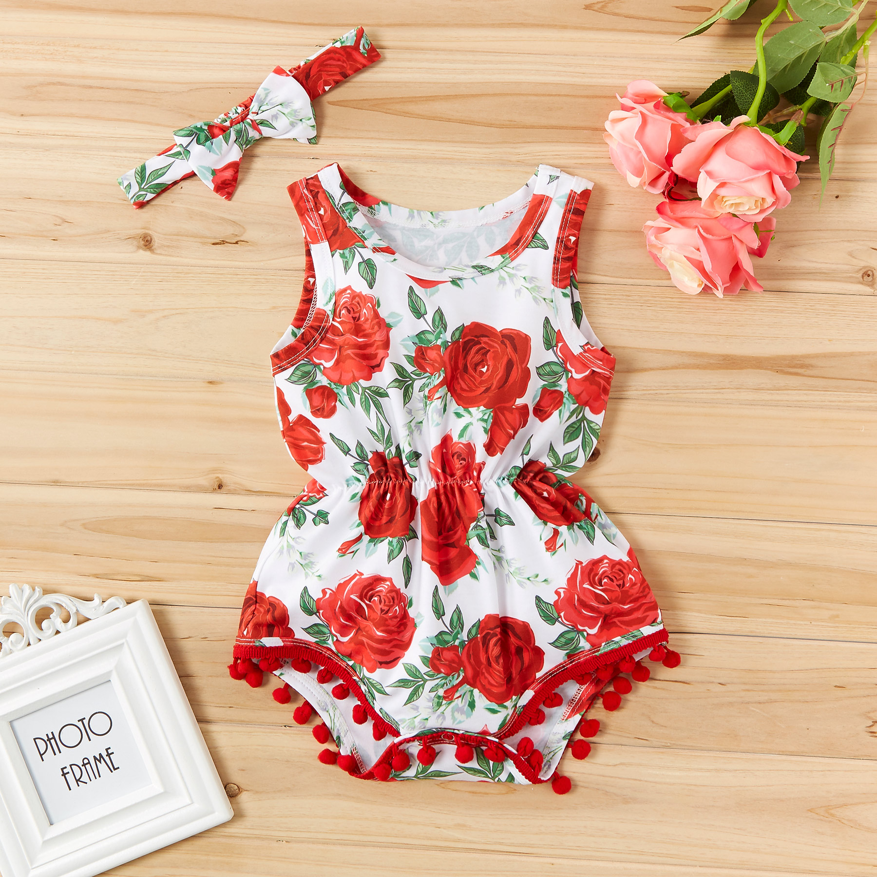 

2pcs Baby Girl Sweet Rose Sleeveless Jumpsuit