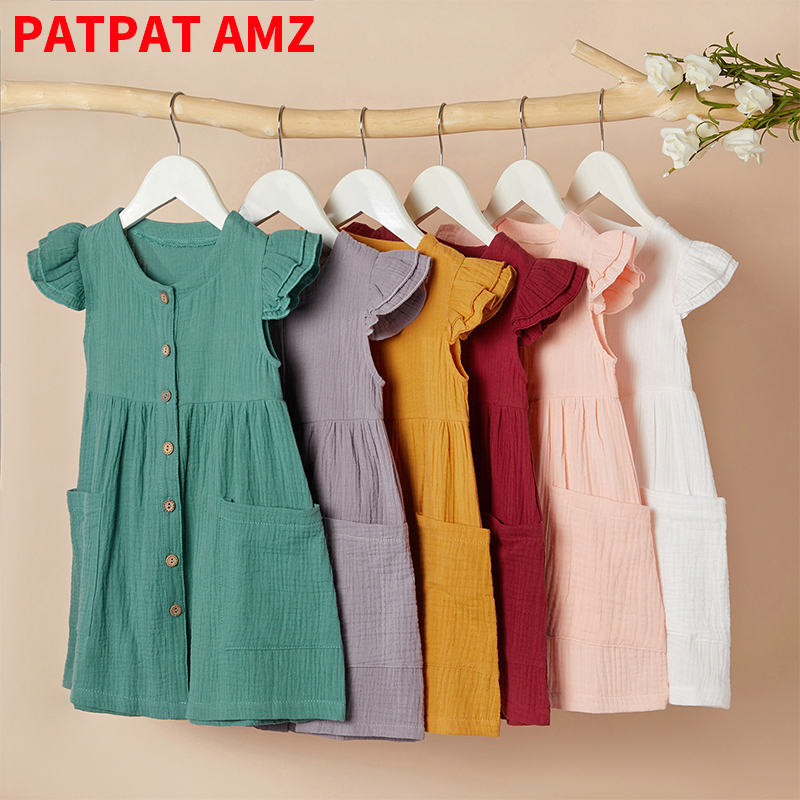 

Baby / Toddler Girl Casual Solid Flutter-sleeve Linen Dress