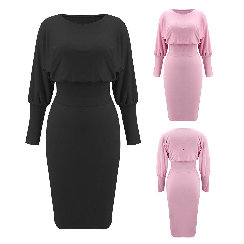 

Round collar Elastic waistband Y Midi Dress