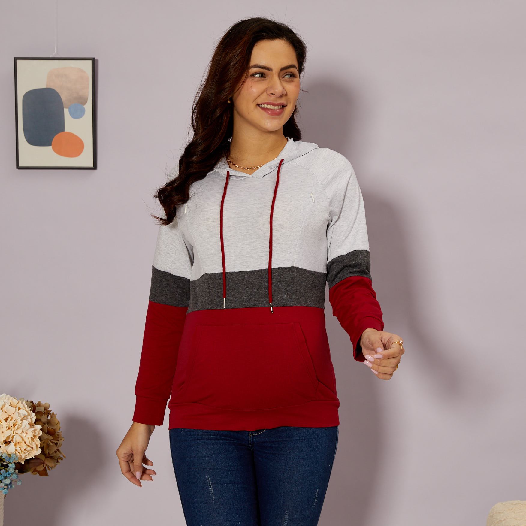 

Maternity Hooded Color Block Color block Light Grey Nursing Hoodie