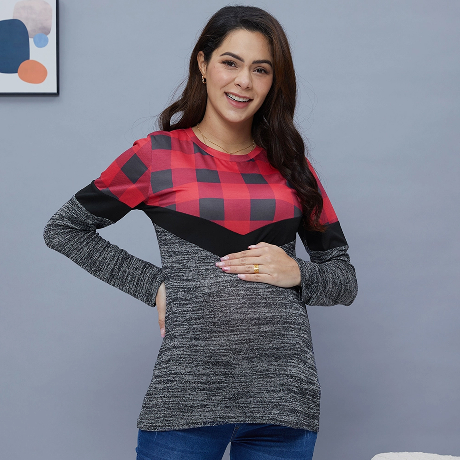 

Maternity Round collar Plaid full print Red T-shirt