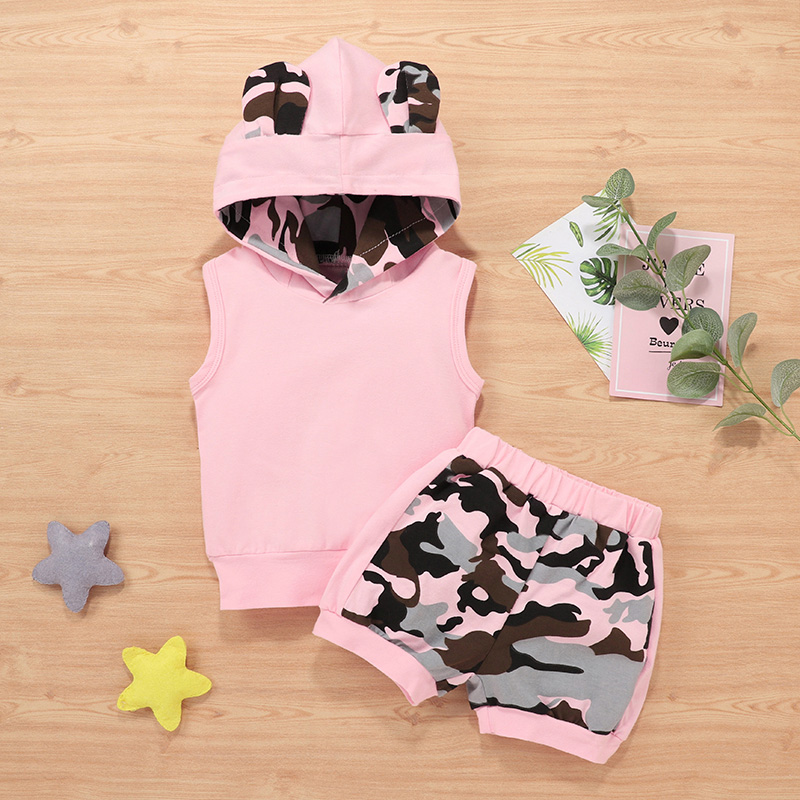 

2pcs Baby Girl Sweet Camouflage Hooded Cotton Baby's Sets