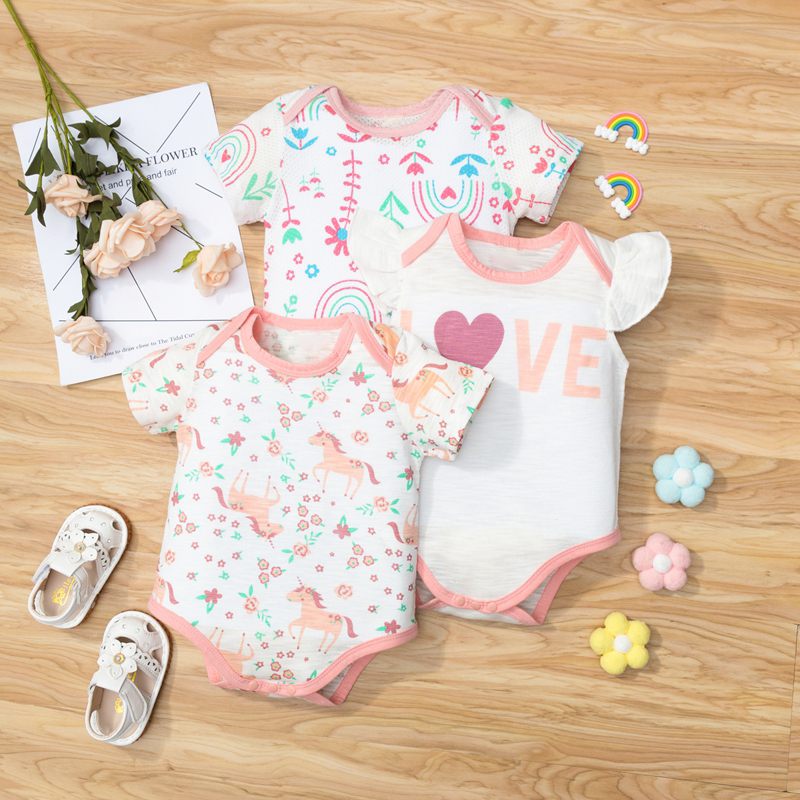 

100% Cotton Unicorn or Rainbow or Love Print Short-sleeve Baby Romper