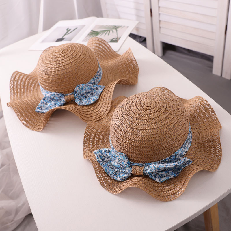 

Wave Edge Bowknot Decor Beach Straw Hats for Mommy and Me