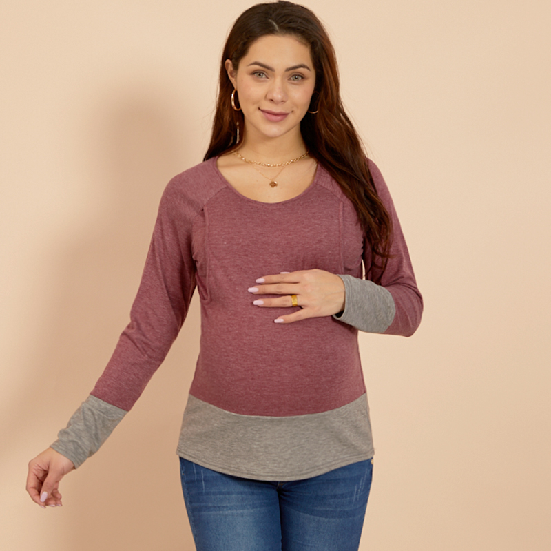 

Maternity Round collar Color Block Color block Brown Long-sleeve Nursing Tee