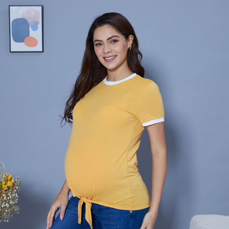 

Maternity Round collar full print Yellow T-shirt