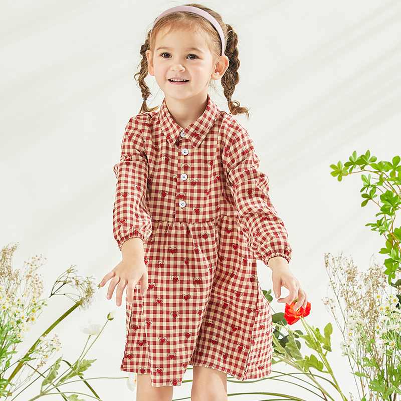 

Baby/Toddler Girl Long-sleeve Heart Plaid Lapel Collar Dress of Valentine