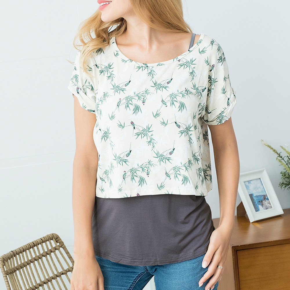 

Fashionable Floral Print Short-sleeve Nursing Top