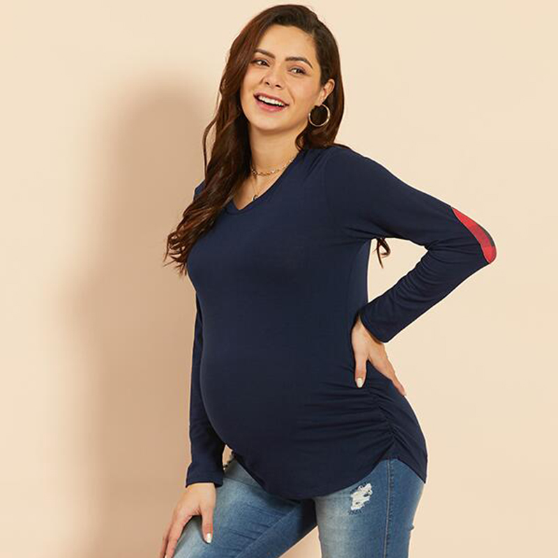 

Maternity Round collar Plaid full print Dark Blue T-shirt