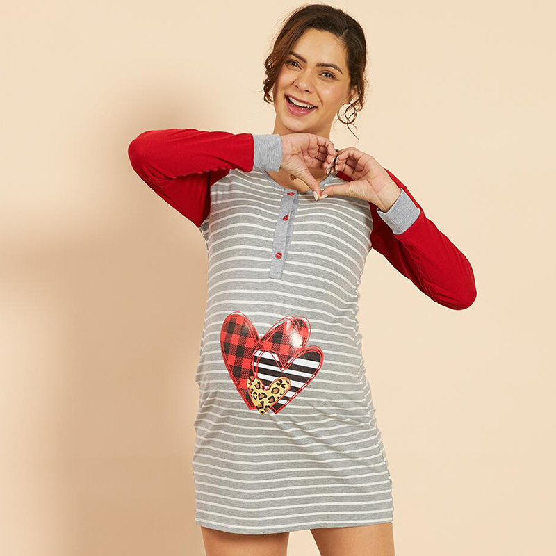 

Maternity Round collar full print Grey Short Slip Long-sleeve Nursing Dress