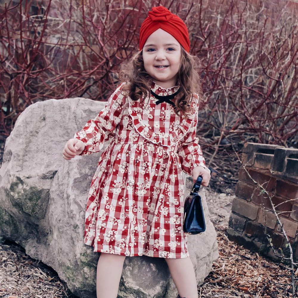 

Baby/Toddler Plaid Bow Long-sleeve Floral Dress