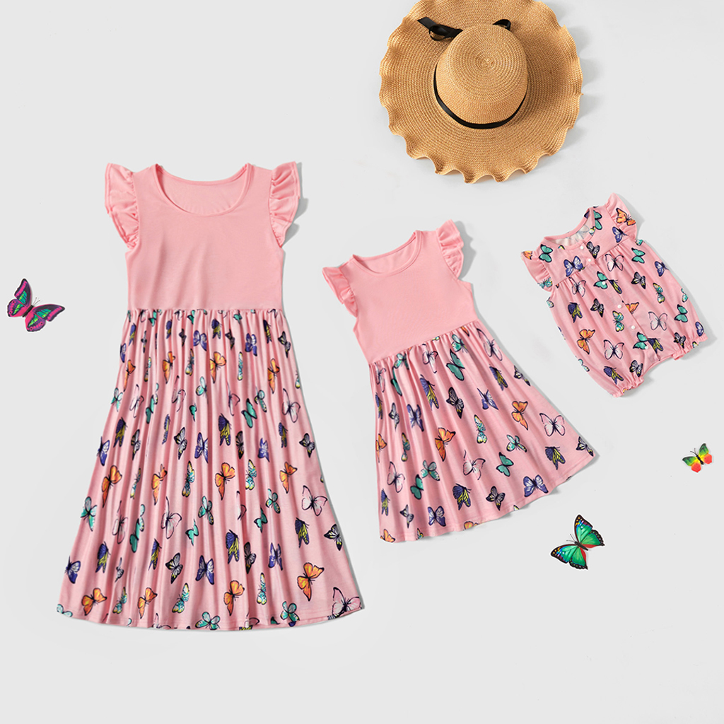 

Butterfly Print Pink Ruffle-sleeve Dresses for Mommy and Me