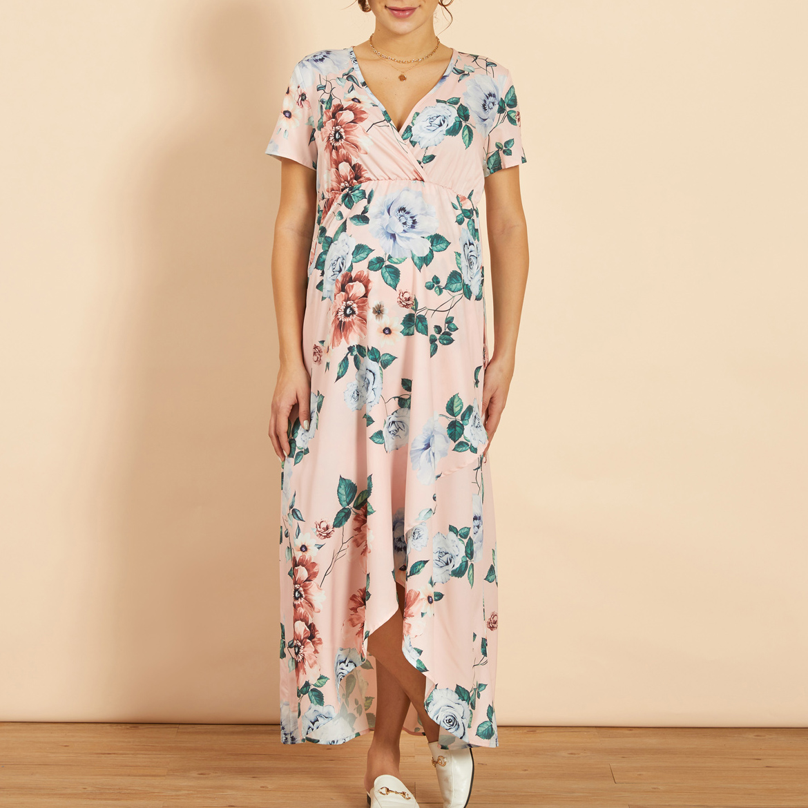 

Maternity V-neck Floral full print Multi-color Midi A Short-sleeve Dress