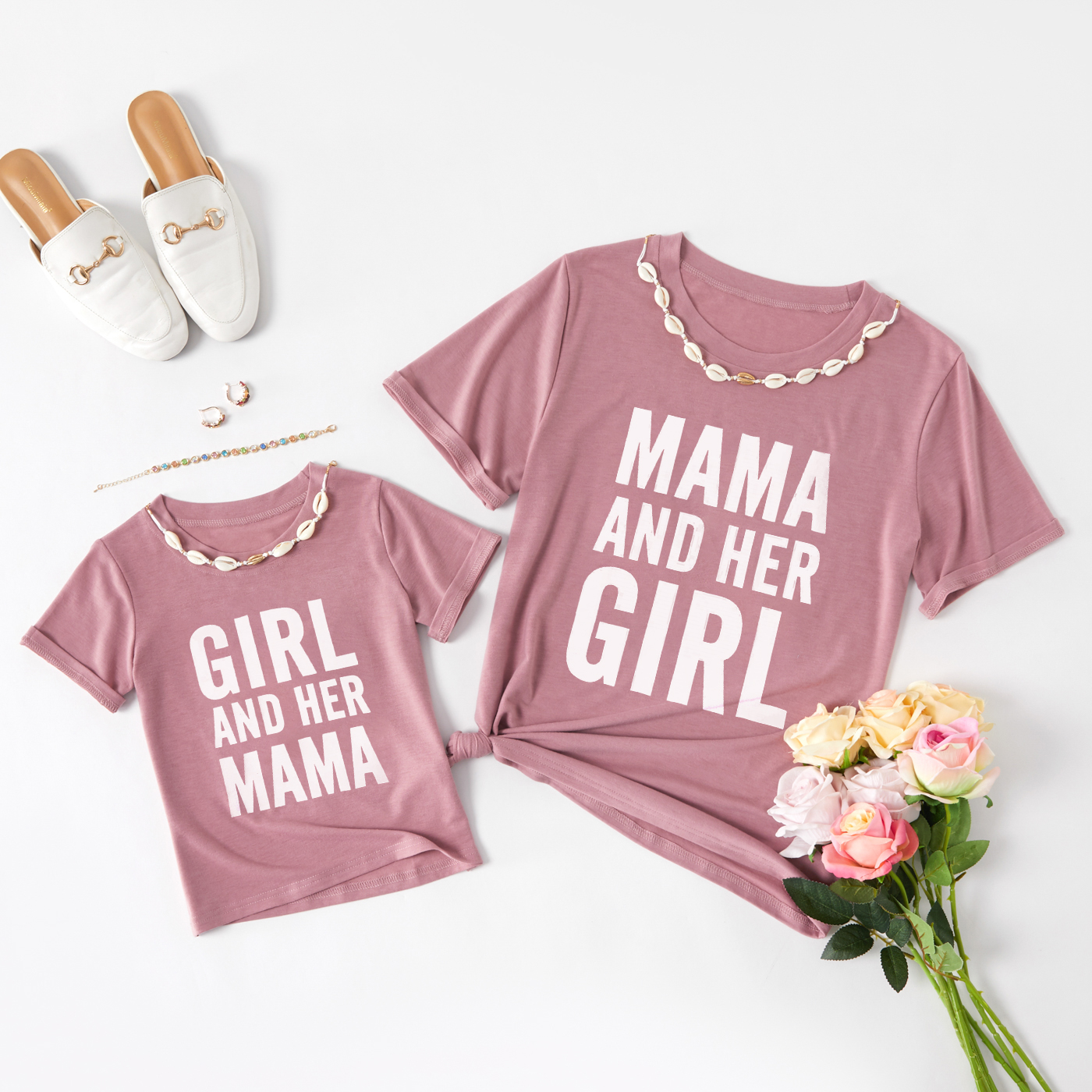 

Letter Print Pink Short Sleeve T-shirts for Mommy and Me