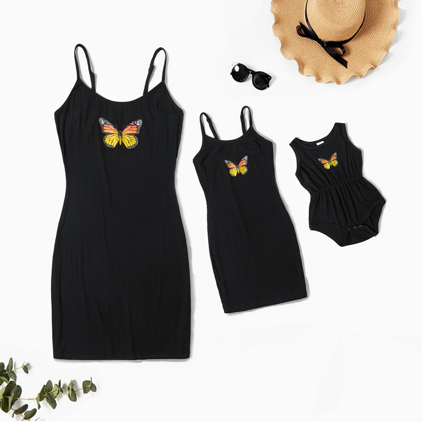 

Butterfly Print Cotton Sling Black Tight Dresses for Mommy and Me