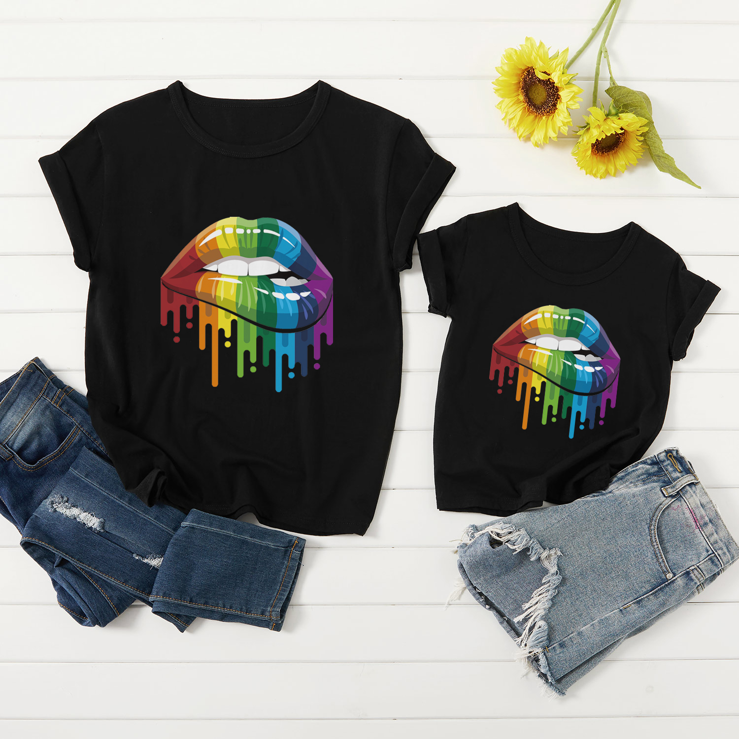

Mouth Print Black Short Sleeve T-shirts for Mommy and Me