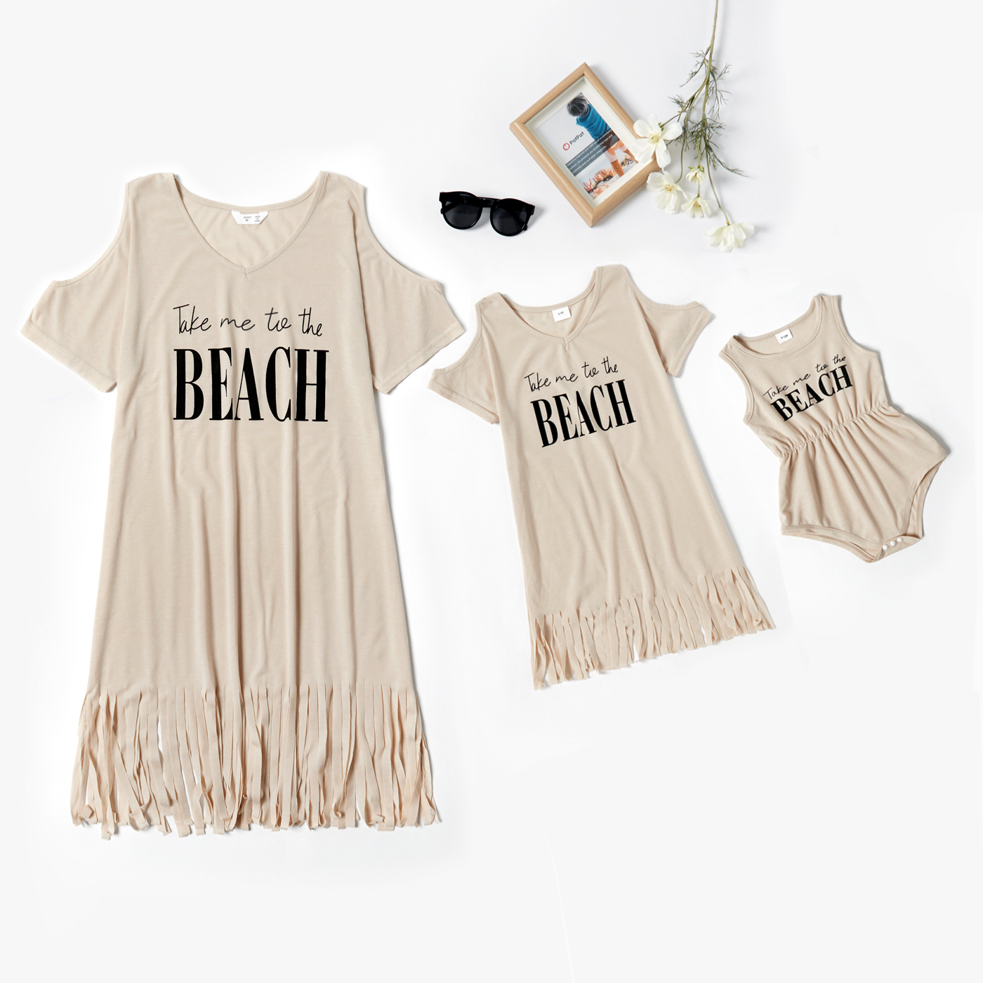 

Solid Beige Letter Print Tassel Decor Dresses for Mommy and Me