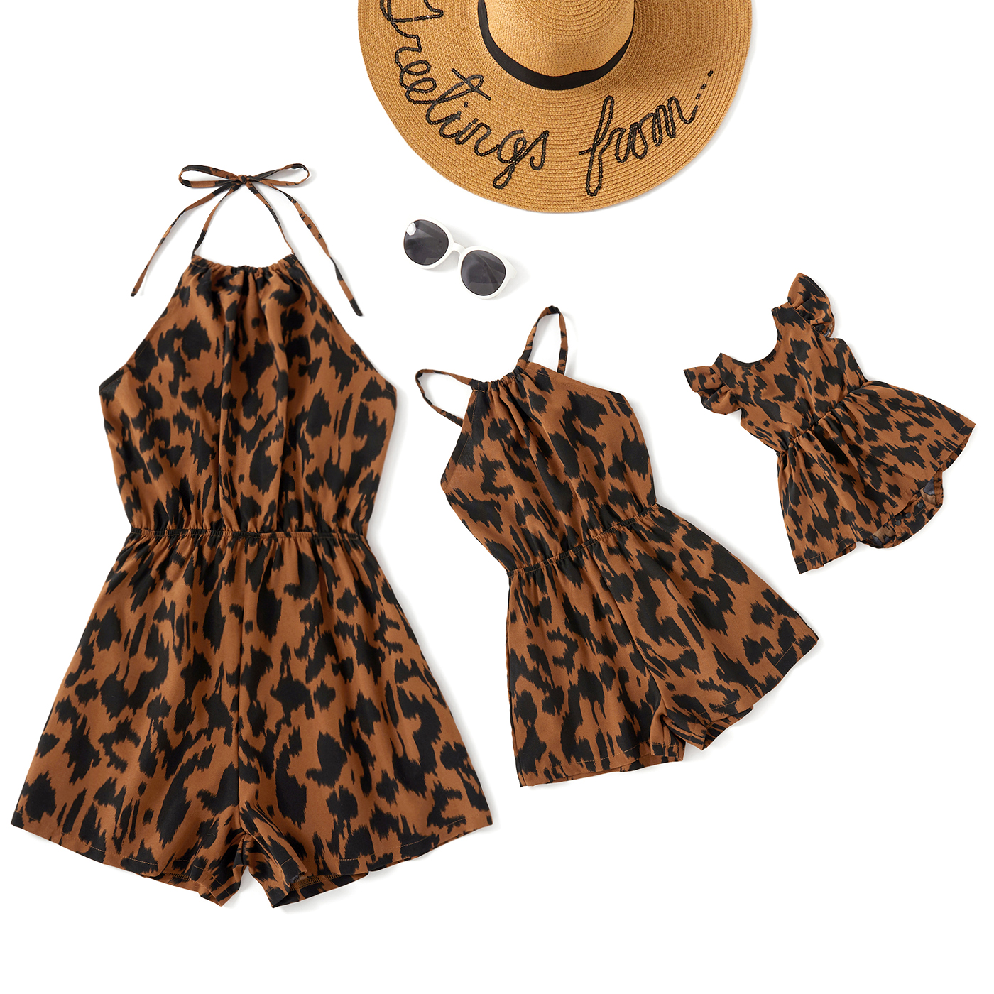 

Leopard Print Sleeveless Halter Straps Shorts Rompers for Mommy and Me( Include Ruffle Cuff Baby Rompers)