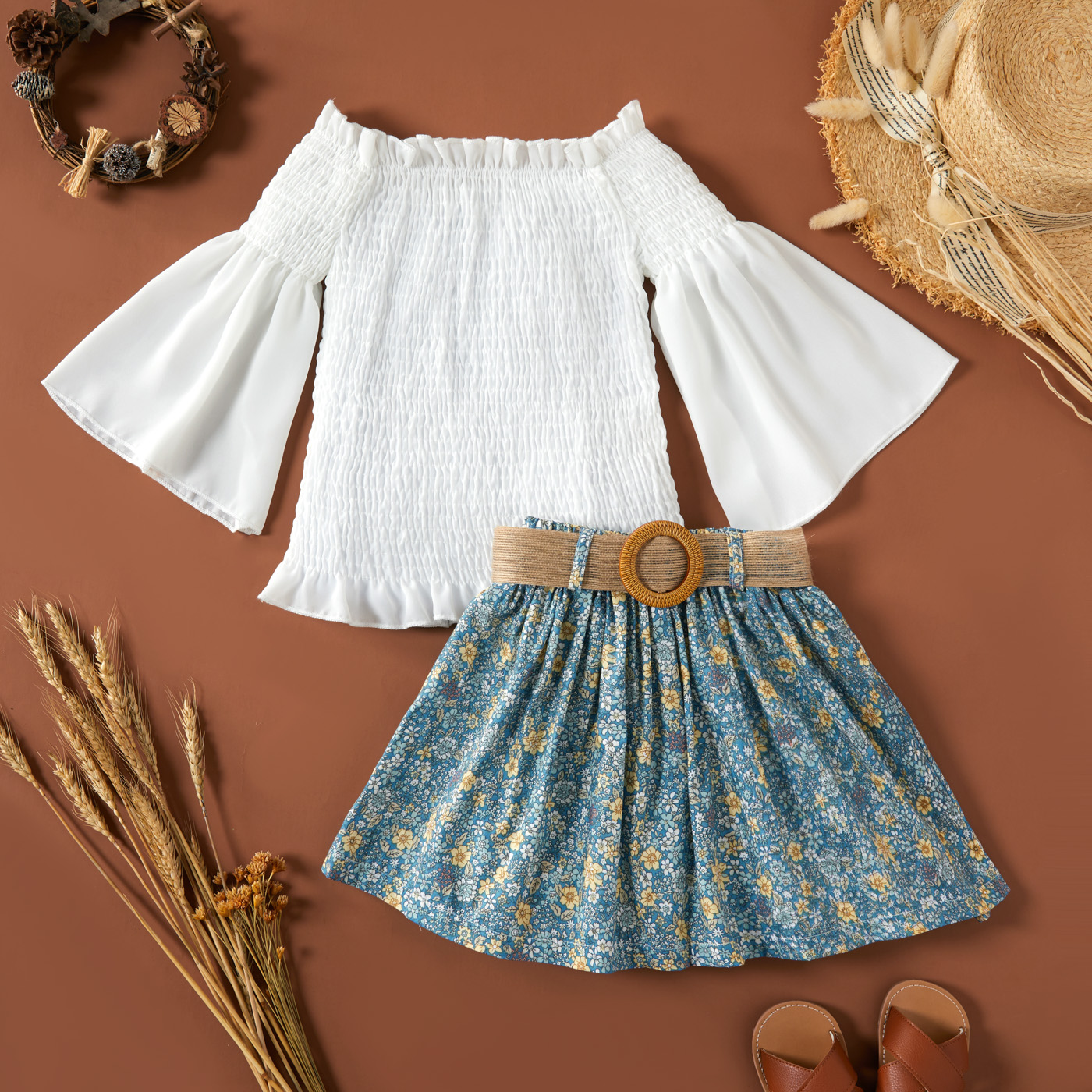 

3-piece Toddler Girl Casual Top and Floral Print Skirt and Belt Set