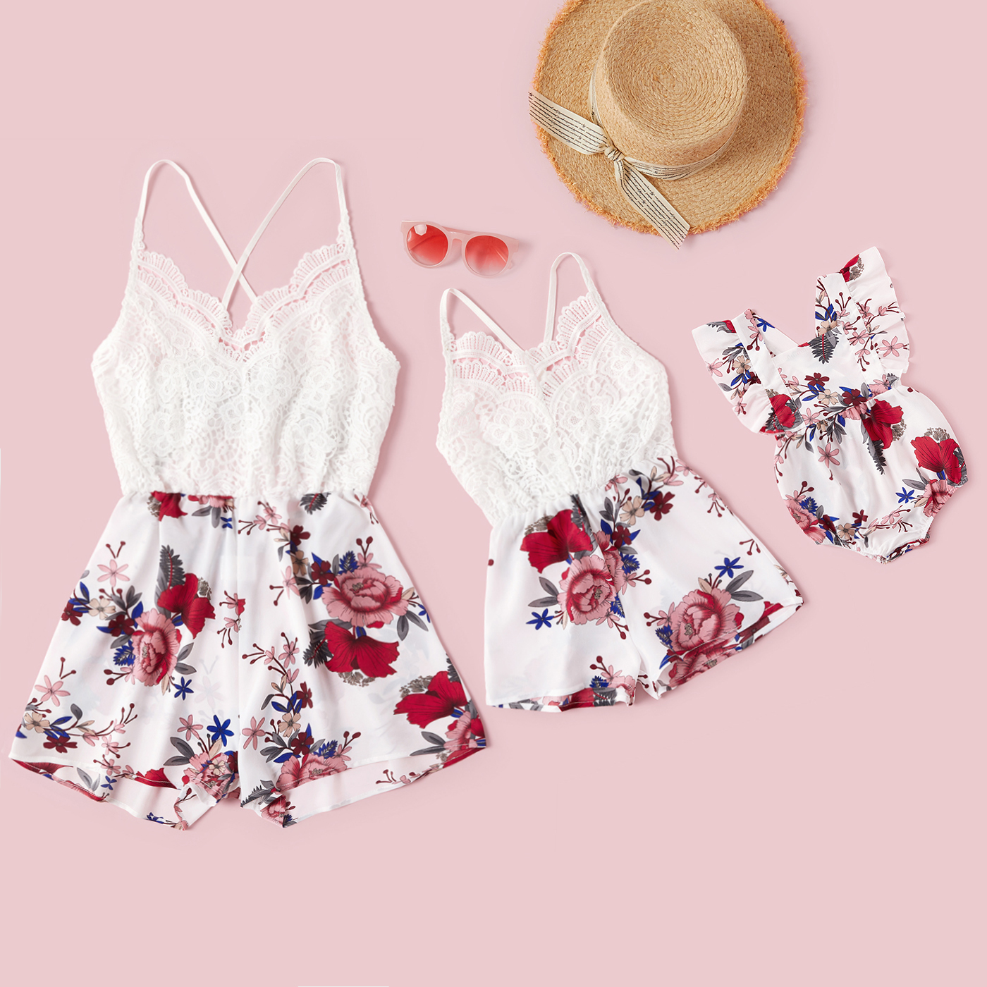 

Floral Print Lace Cross Back Short Rompers for Mommy and Me