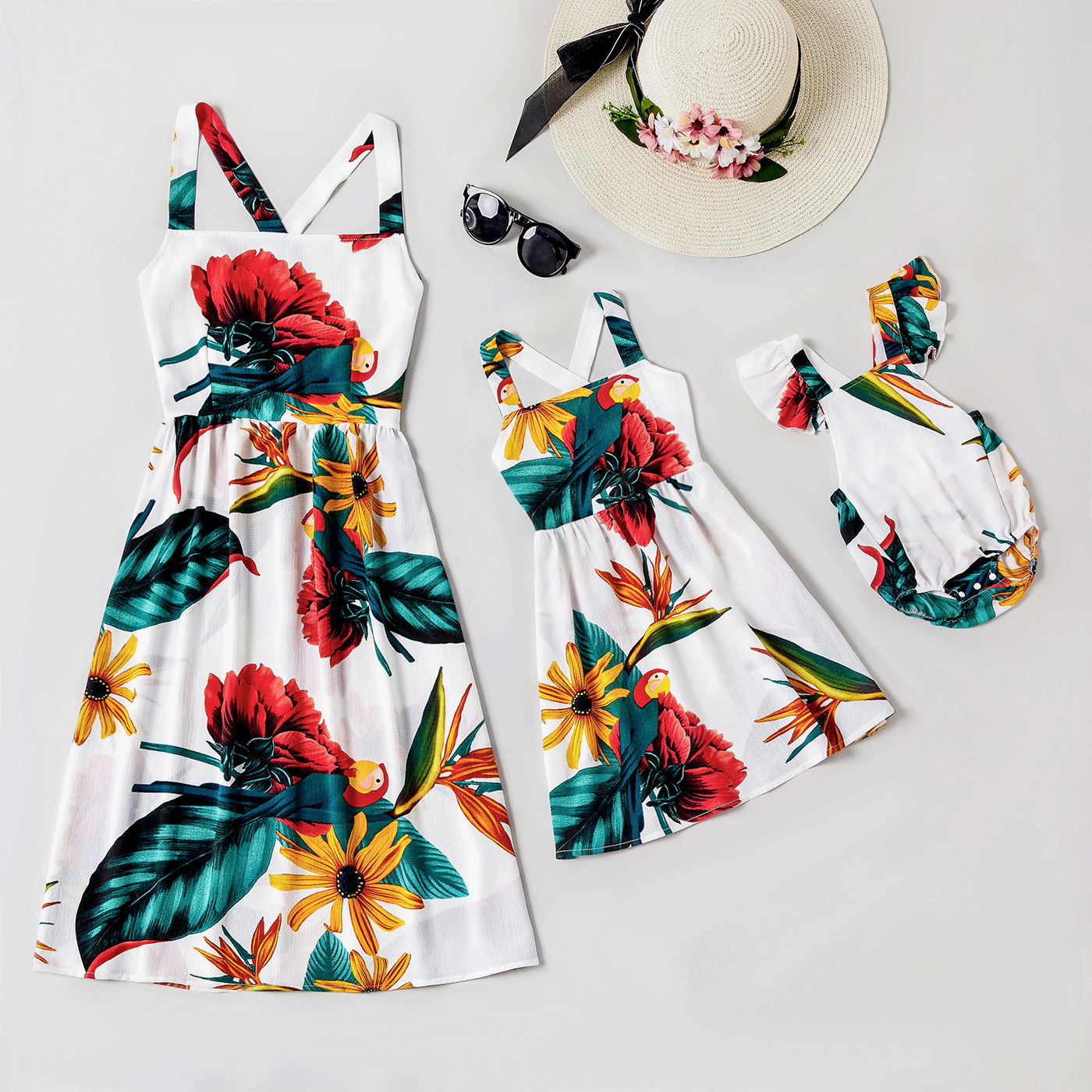 

Floral Print Cross Back Design White Dresses for Mommy and Me