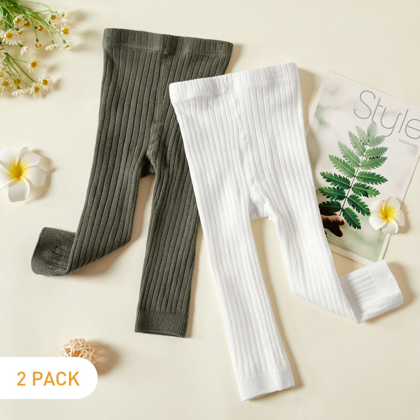 

2pcs Solid Color Ribbed Fabric Baby Leggings