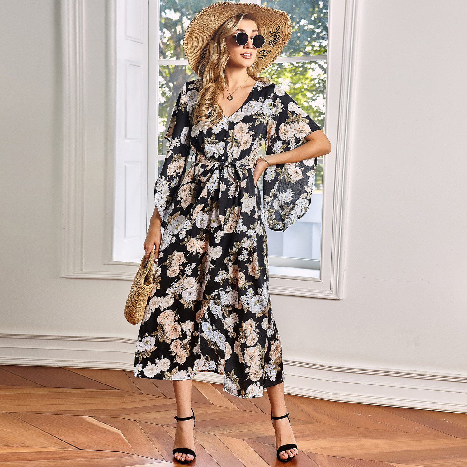 

Elegant Floral Print Round collar A Midi Dress