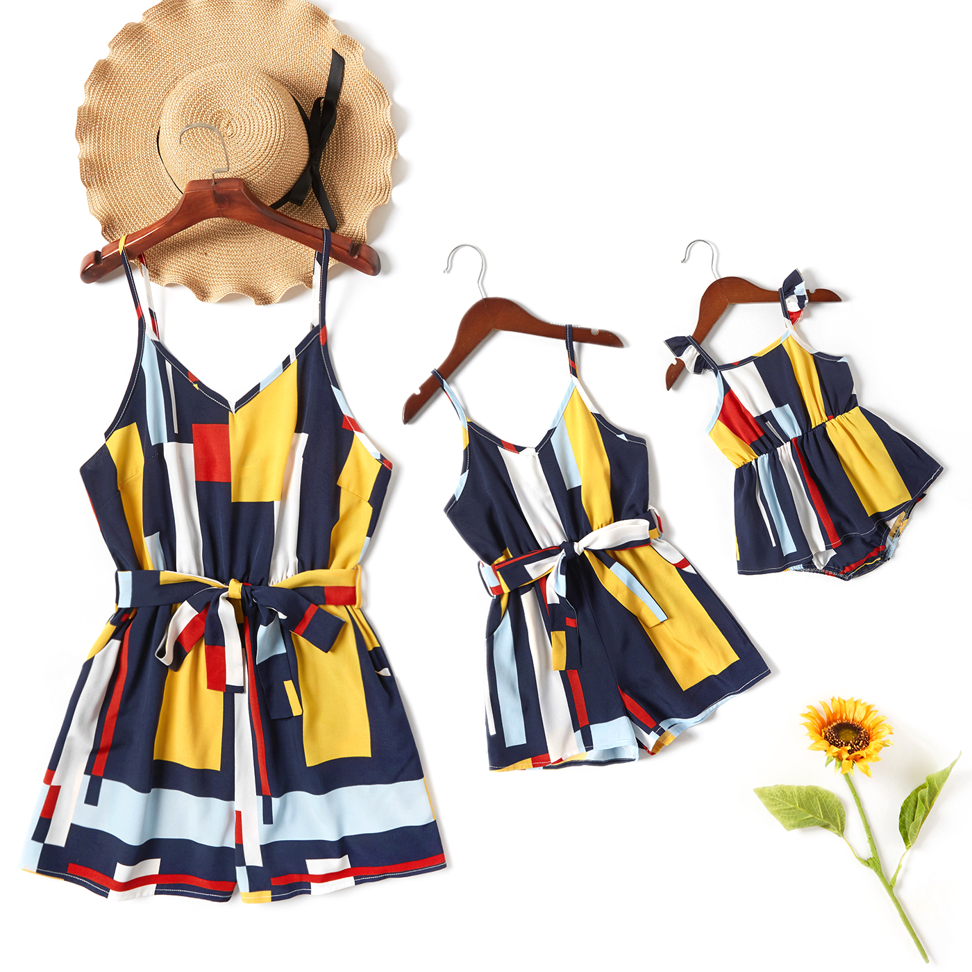 

Color Block Print Sling Short Rompers for Mommy and Me