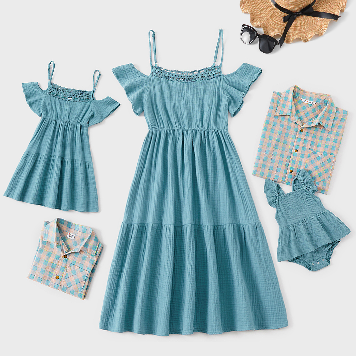 

100% Cotton Solid and Plaid Family Matching Blue Sets