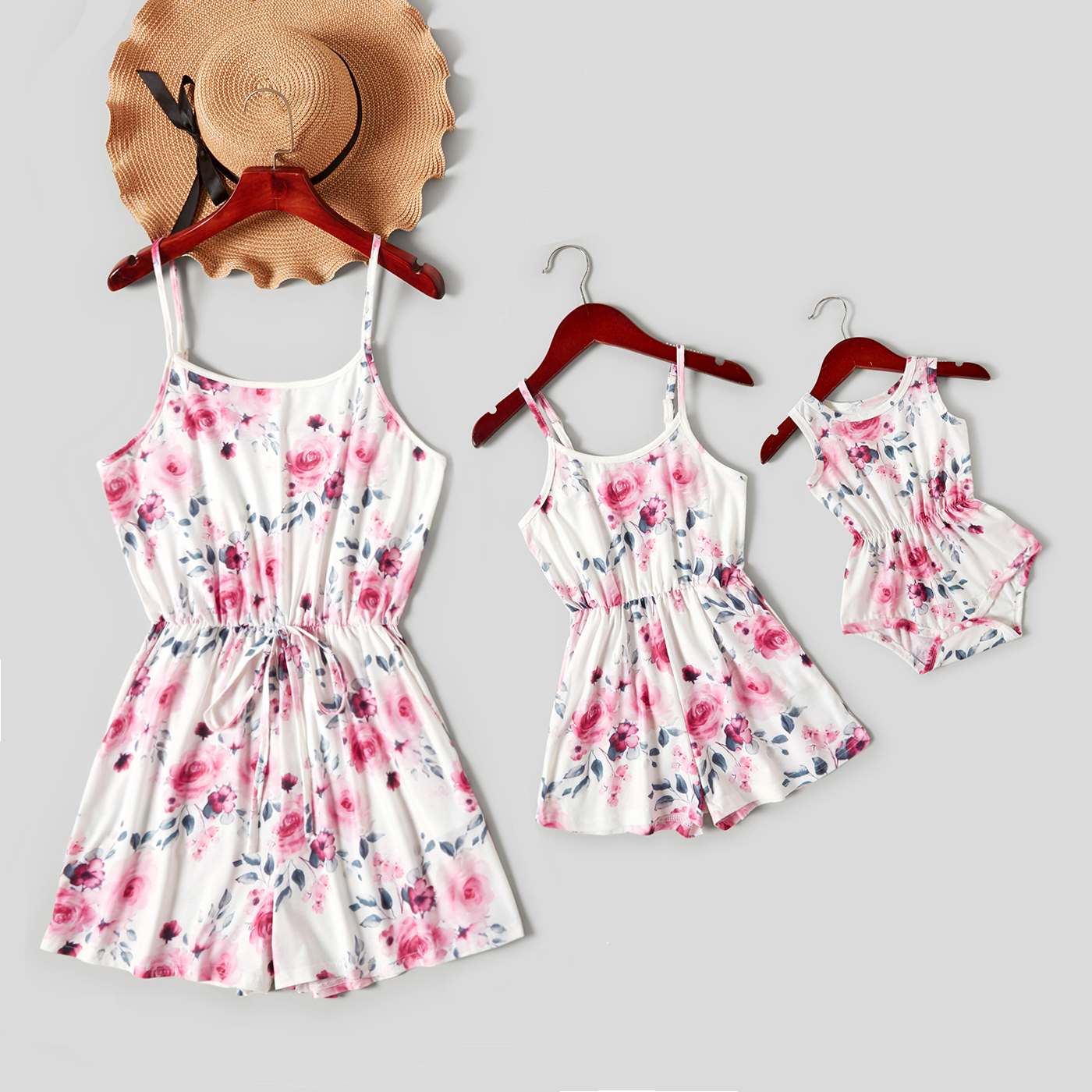 

Floral Print Matching White Sling Short Rompers for Mommy and Me