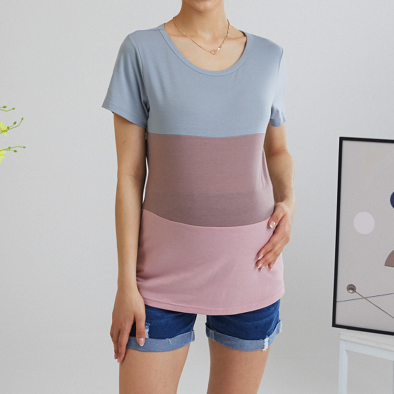 

Nursing casual Color Block Print Round collar Short Sleeve Short-sleeve Nursing Tee