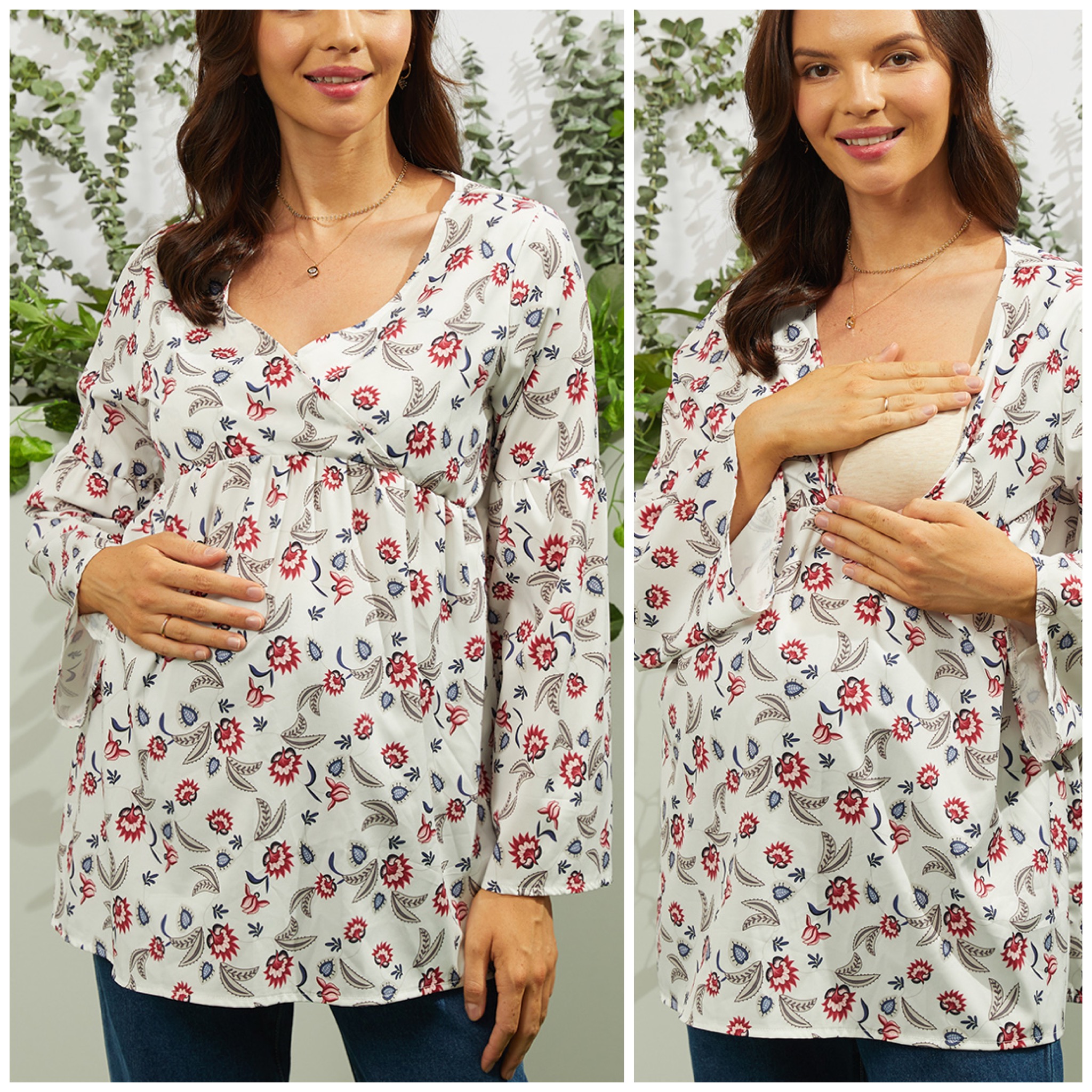 

Nursing casual Floral Print V-neck long sleeve Long-sleeve Nursing Tee