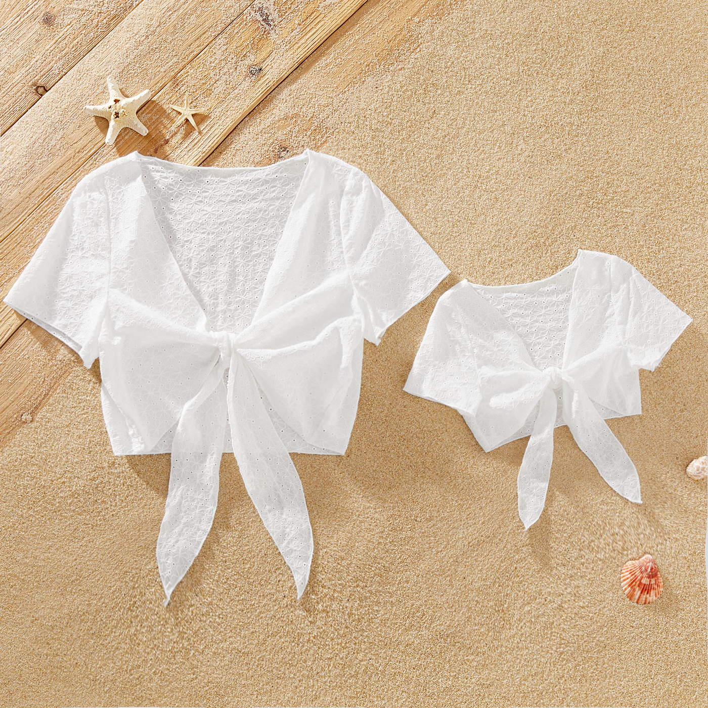 

100% Cotton Solid White Front Tie Short Sleeve Cover Up for Mommy and Me