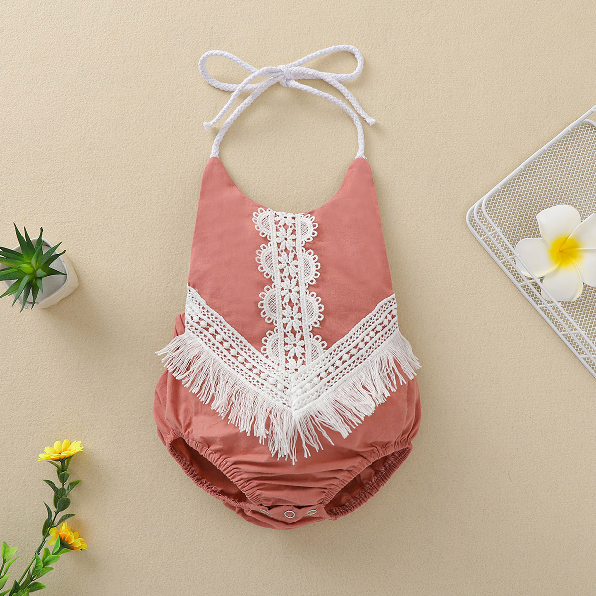 

100% Cotton Solid Lace Decor Sleeveless Baby Romper