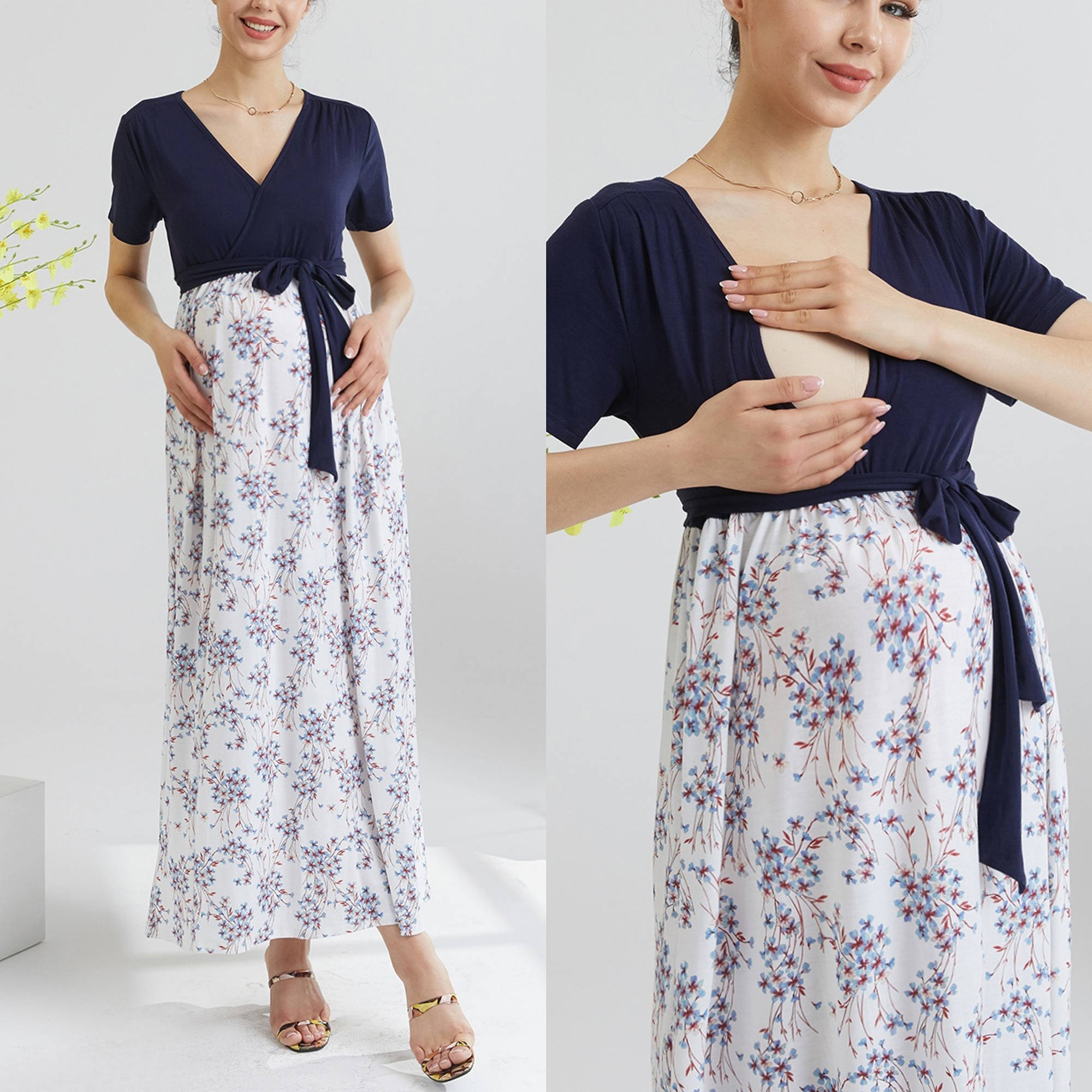 

Nursing elegant Floral Print V-neck H Short-sleeve Nursing Dress