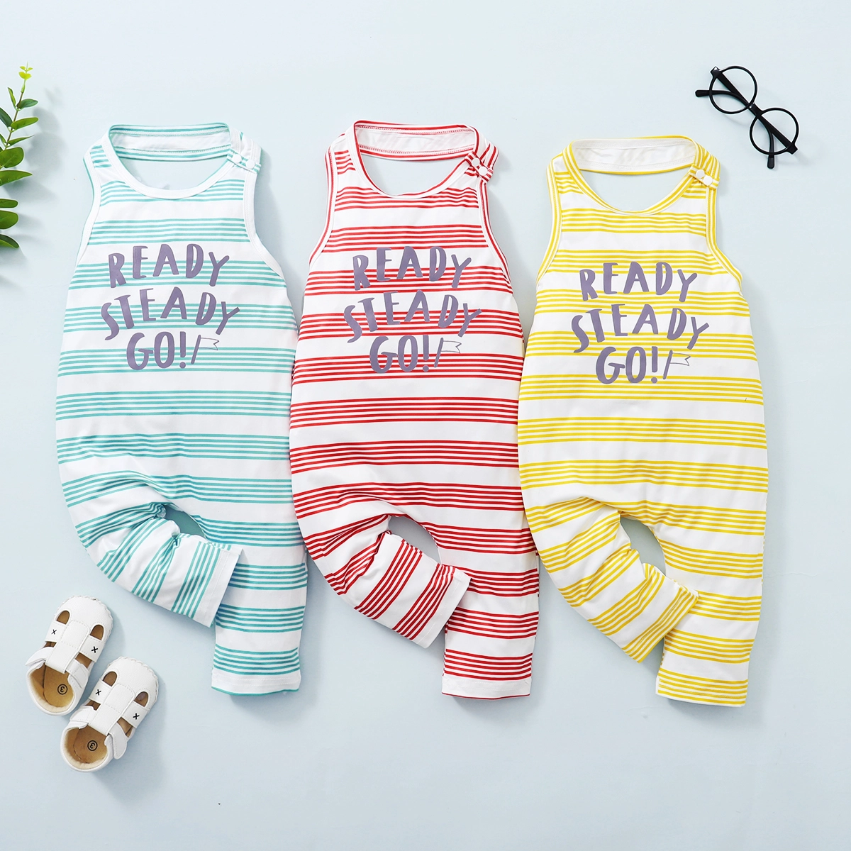 

Letter and Stripe Print Sleeveless Baby Jumpsuit