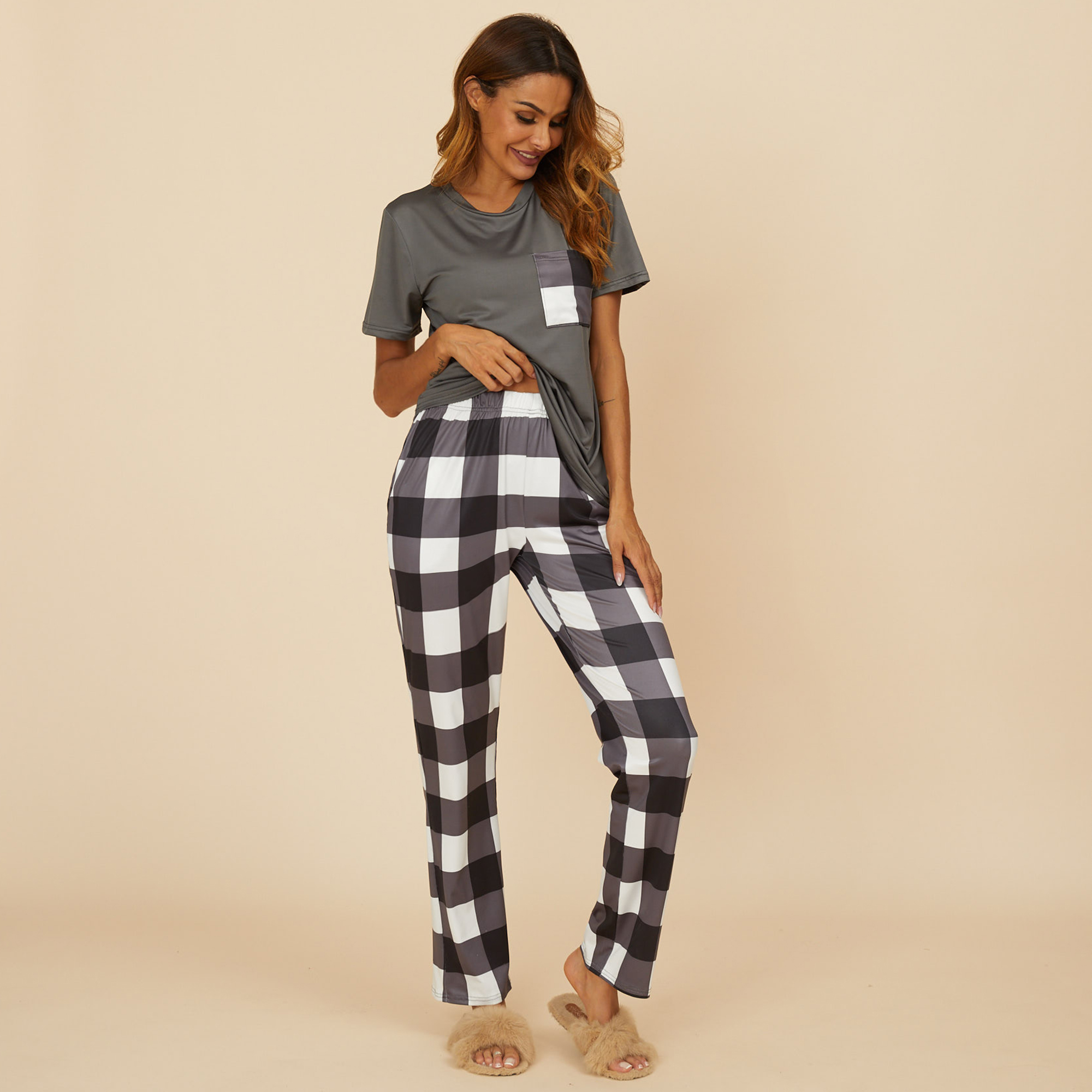 

Casual Plaid Print Round collar Short Sleeve Loungewear
