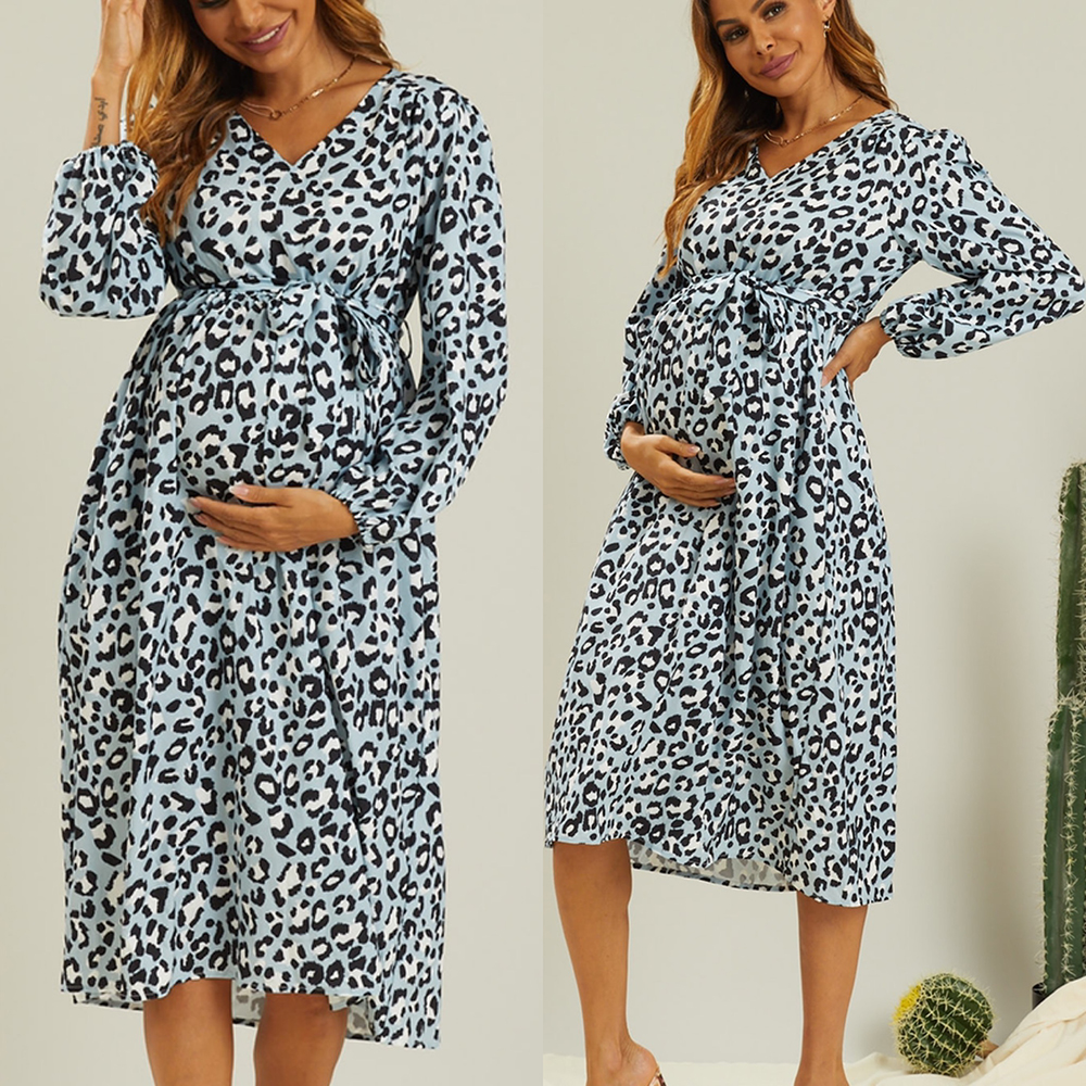 

Maternity Vacation Leopard Print V-neck A Long-sleeve Dress
