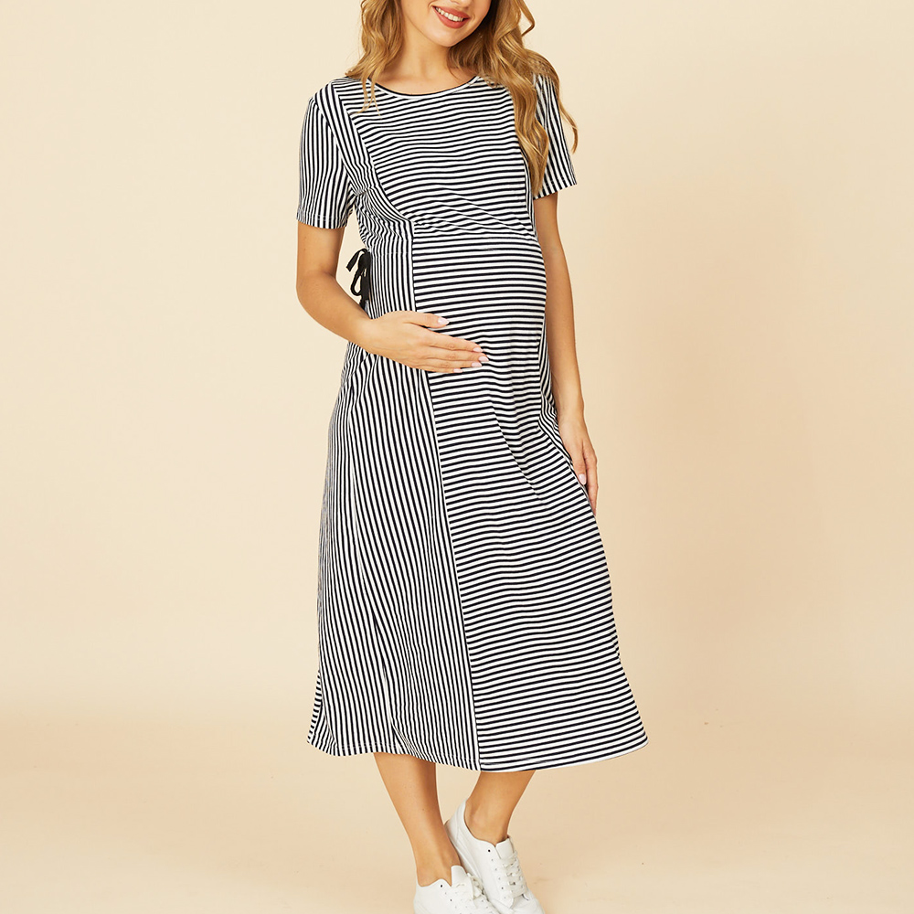 

Maternity casual Stripes Print Round collar Tshirt Short-sleeve Dress