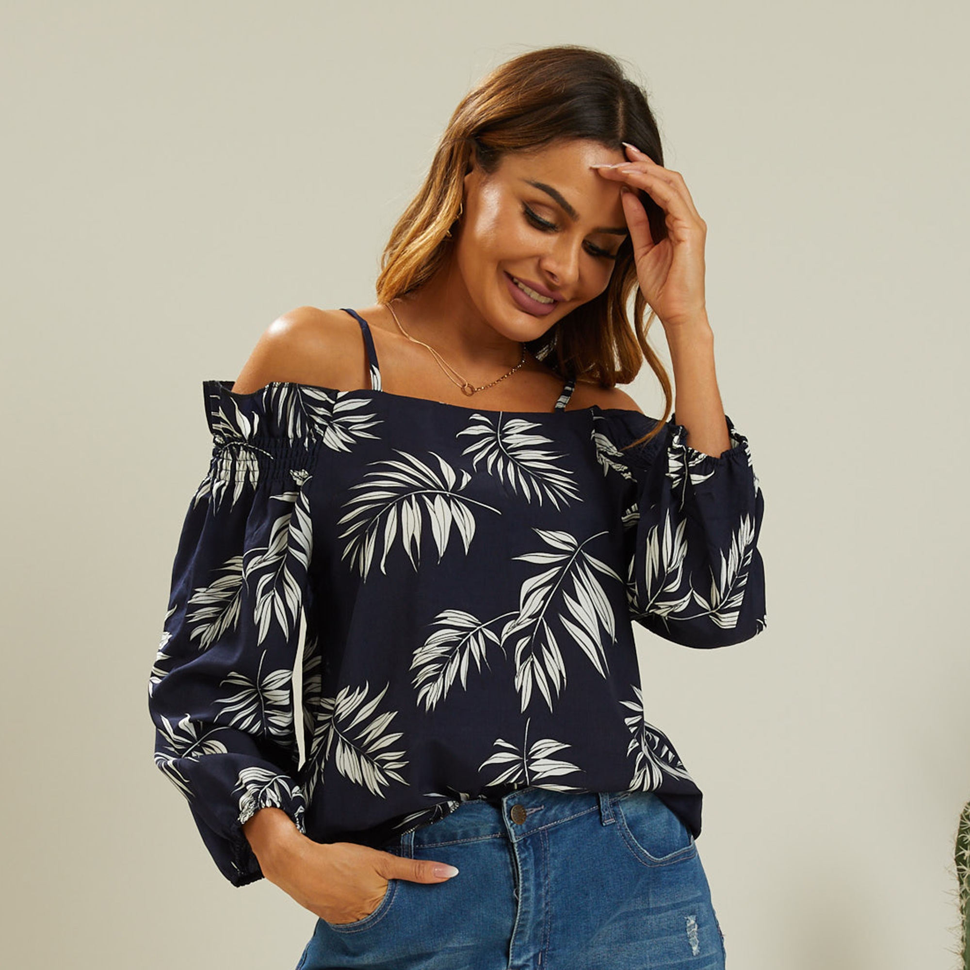 

Elegant Floral Print Boat neck long sleeve Shirt